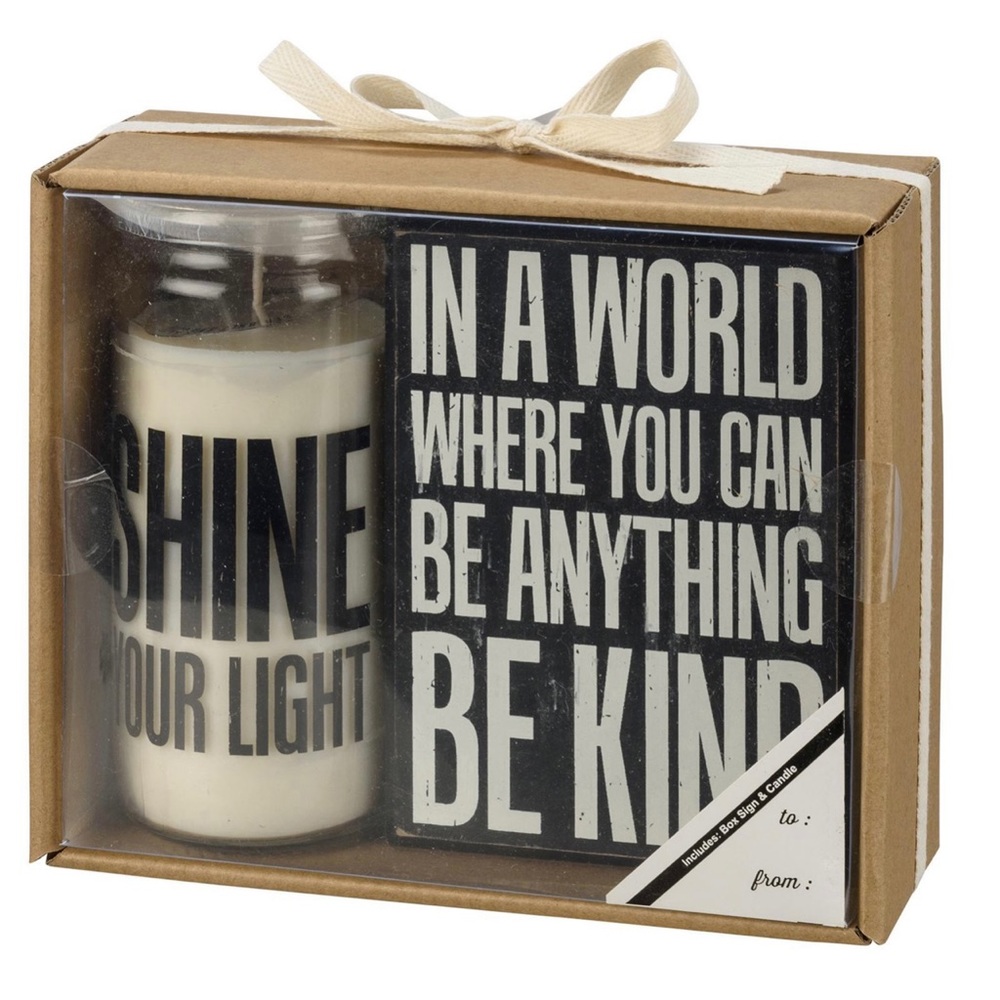 BE KIND Boxed Gift Set SOY CANDLE Wooden Box Sign Shelf Sitter Motivational Gift